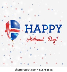 Iceland National Day patriotic poster. Flying Rubber Balloon in Colors of the Icelander Flag. Iceland National Day background with Balloon, Confetti, Stars, Bokeh and Sparkles.