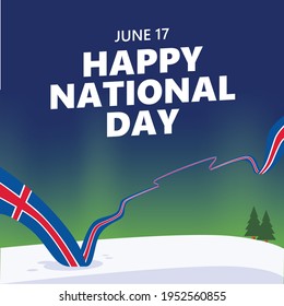 Iceland national day vector illustration with a long wavy flag and the aurora borealis. European nation important date greeting card.