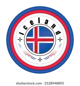Iceland National Pride Badge Vector Art. Circular Emblem with Iceland Flag Colors Blue White and Red. Symbolizing Icelandic National Identity. Editable Vector EPS Available