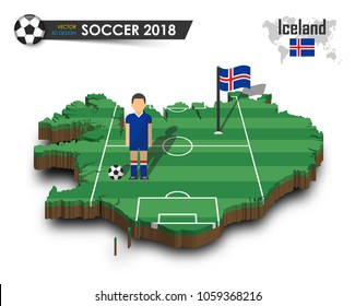 Iceland national soccer team . Football player and flag on 3d design country map . isolated background . Vector for international world championship tournament 2018 concept .