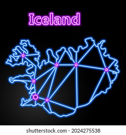 Mapa del neón de Islandia, ilustración vectorial aislada.