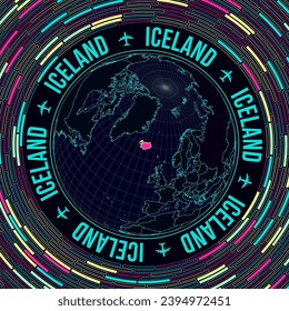 Iceland on globe. Satelite view of the world centered to Iceland. Bright neon style. Futuristic radial bricks background. Classy vector illustration.