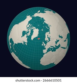 Iceland on the map. Globe centered to Iceland. Country location on the world map. Teal Pale Mint color palette. Globe with countries, meridians and parallels. Appealing vector illustration.