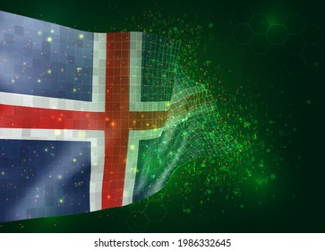 Iceland, on vector 3d flag on green background with polygons and data numbers