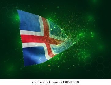 Iceland, on vector 3d flag on green background with polygons and data numbers
