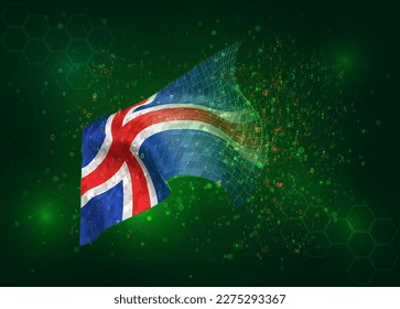 Iceland, on vector 3d flag on green background with polygons and data numbers