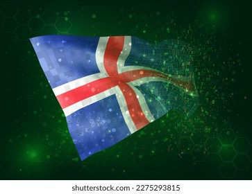 Iceland, on vector 3d flag on green background with polygons and data numbers