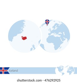 Iceland on world globe with flag and regional map of Iceland. Vector Illustration.