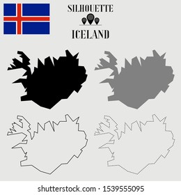 Iceland outline world map, solid, dash line contour silhouette, national flag vector illustration design, isolated on background, objects, symbol from countries set