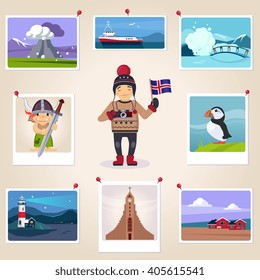 Iceland Photographer Surrounded By Photos Cute flat Cartoon Style Vector Design Illustration