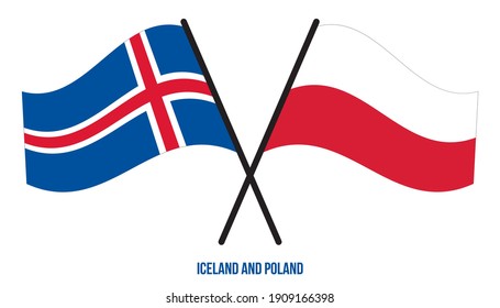 Iceland and Poland Flags Crossed And Waving Flat Style. Official Proportion. Correct Colors.