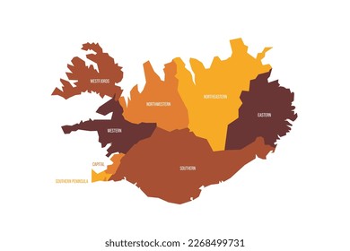 Iceland political map of administrative divisions - regions. Flat vector map with name labels. Brown - orange color scheme.