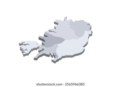 Iceland political map of administrative divisions - regions. 3D isometric blank vector map in shades of grey.