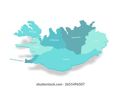 Mapa político da Islândia das divisões administrativas - regiões. Mapa de vetor turquesa 3D com rótulos de nome.