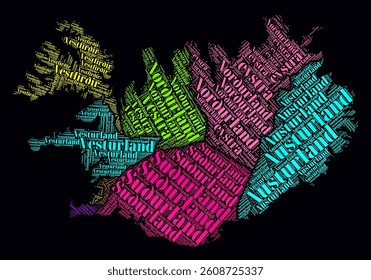 Iceland Regions Word Clouds. Bright neon style design on dark background. Region names of the country in Icelandic language. Country shape with administrative division. Creative vector illustration.