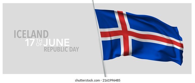 Iceland republic day greeting card, banner with template text vector illustration. Icelandic memorial holiday 17th of June design element with 3D flag with cross
