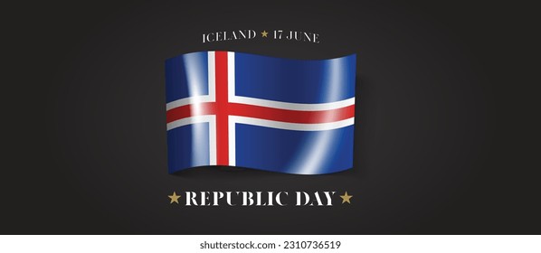 Iceland republic day greeting card, banner with template text vector illustration. Icelandic memorial holiday 17th of June design element with flag with cross