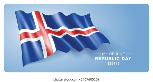Iceland republic day vector banner, greeting card. Icelandic wavy flag in 17th of June patriotic holiday horizontal design with realistic flag
