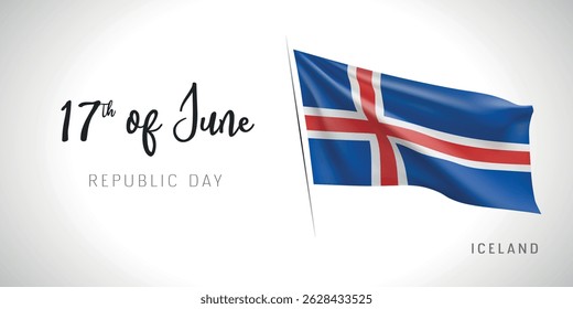 Iceland republic day vector banner, greeting card. Icelandic wavy flag in 17th of June patriotic holiday horizontal design with realistic flag