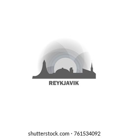 Iceland Reykjavik black white sunrise sunset city panorama landscape horizon buildings skyline flat icon logo