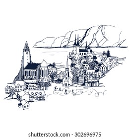 Iceland  Reykjavik City skyline. Places and Architecture around the World  - Collection of hand drawn illustrations  