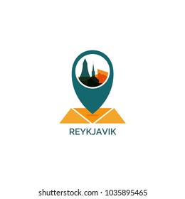 Iceland Reykjavik map city pin point geolocation modern skyline shape pointer vector flat logo web icon illustration