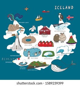 Iceland Reykjavik vector hand drawn doodle illustrations set