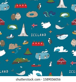 Iceland Reykjavik vector seamless hand drawn doodle pattern