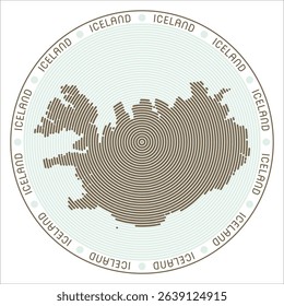 Iceland round logo design. Country shape built of rings. Iceland text around the country. Vector Illustration.