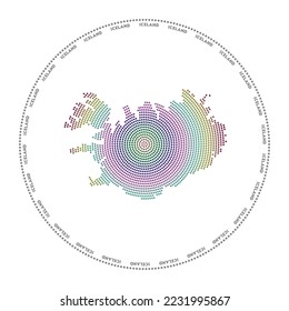 Iceland round logo. Digital style shape of Iceland in dotted circle with country name. Tech icon of the country with gradient dots. Modern vector illustration.