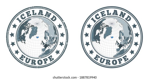 Logotipos redondos de Islandia. Bandas circulares de un país con un mapa de Islandia en contexto mundial. Sellos de país simples y texturados. Ilustración vectorial.
