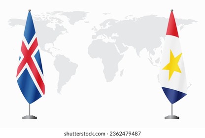 Iceland and Saba flags for official meeting against background of world map.
