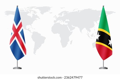 Banderas de Islandia y Saint Kitts y Nevis para una reunión oficial en el contexto del mapa mundial.