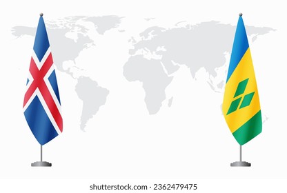 Iceland and Saint Vincent and the Grenadines flags for official meeting against background of world map.