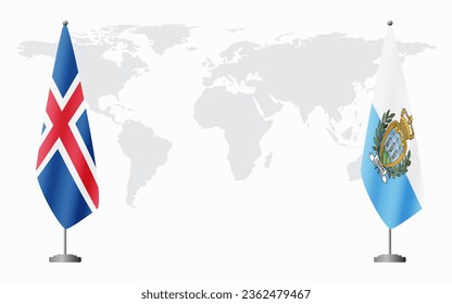 Iceland and San Marino flags for official meeting against background of world map.