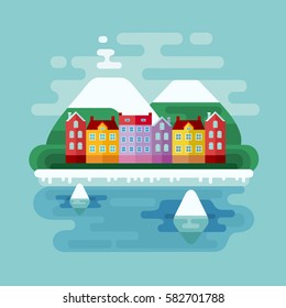 Iceland scene. Abstract landscape with colorful houses, snow-covered volcano, icy shore and icebergs in cold ocean. Flat design style. Vector illustration.