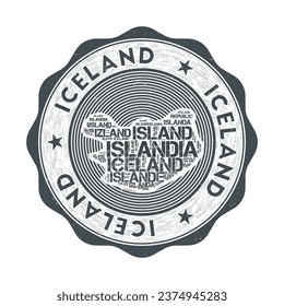 Iceland seal. Country round logo with shape of Iceland and country name in multiple languages wordcloud. Attractive emblem. Cool vector illustration.