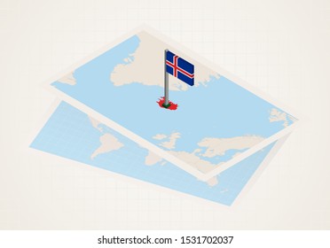 Iceland selected on map with isometric flag of Iceland. Vector paper map.