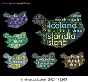 Iceland. Set of typography style country illustrations. Iceland map shape build of horizontal and vertical country names. Vector illustration.