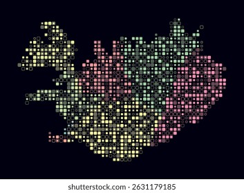 Iceland, shape of the country build of colored cells. Digital style map of the Iceland on dark background. Small size rounded square blocks. Awesome vector illustration.
