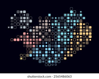Iceland, shape of the country built of colored cells. Digital style map of Iceland on dark background. Large size rounded square blocks. Creative vector illustration.