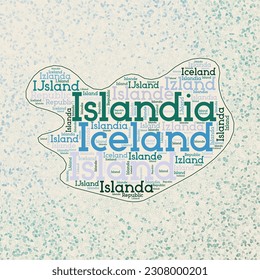 Iceland shape with country names word cloud in multiple languages. Iceland border map on cool triangles scattered around. Powerful vector illustration.