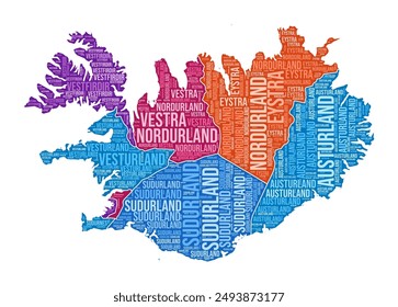 Iceland shape. Country word cloud with region division. Iceland colored illustration. Region names cloud. Vector illustration.