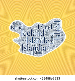 Iceland shape formed by country name in multiple languages. Iceland border on stylish striped gradient background. Vibrant poster. Cool vector illustration.