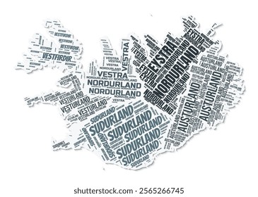 Iceland shape text cloud. Country border with shadow on white background. Iceland with regions division in vintage gazette style. Creative vector illustration.