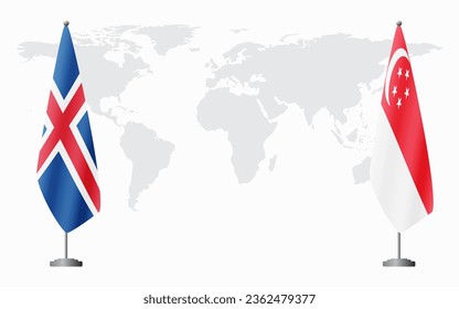 Iceland and Singapore flags for official meeting against background of world map.