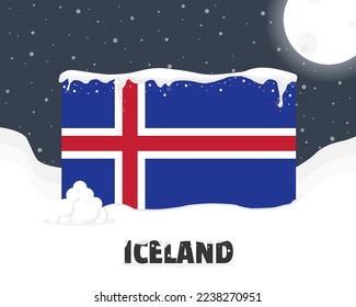 Iceland snowy weather concept, cold weather and snowfall, Iceland weather forecast winter banner idea, snow cap on flag with snowballs and moon, blizzard and adverse weather conditions
