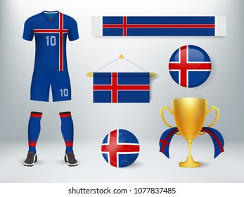 Iceland soccer set collection. Concept design of soccer elements with uniform,exchange flag,soccer ball,cheering scarf and trophy cup with flag in vector illustration