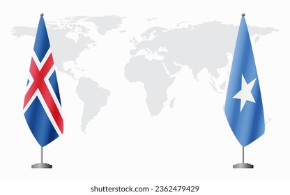 Iceland and Somalia flags for official meeting against background of world map.
