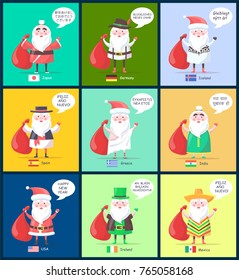 Iceland and Spain, Santa Clauses collection with translated happy New Year greeting, men in costumes and icons of flags, vector illustration